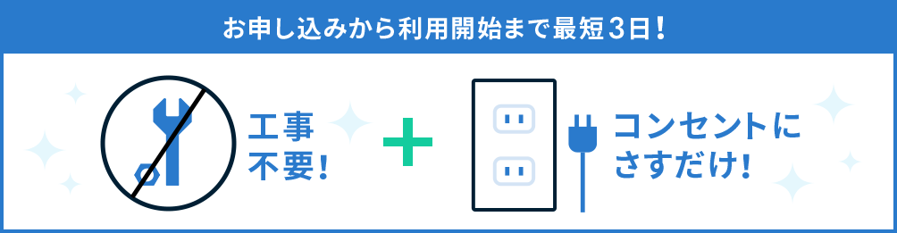 お申し込みから利用開始まで最短3日! 工事不要!+コンセントにさすだけ!