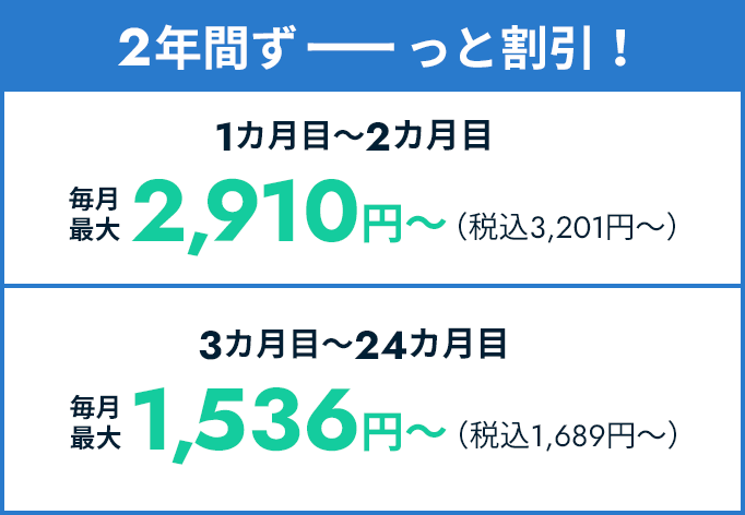 2年間ずーっと割引 1ヵ月目~2ヵ月目:2,910円(税抜)、3ヵ月目~24ヵ月目:1,536円~(税込1,689円~)